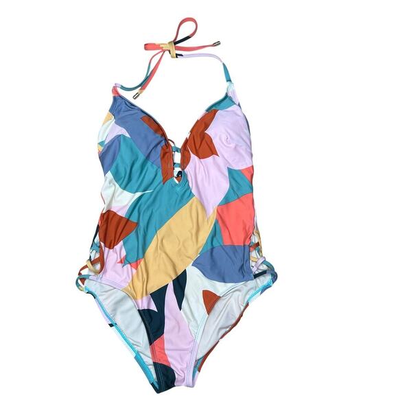 Laundry Other - Laundry Shelli Segal Plunge Front Swimsuit Halter Geometric Print Deep V-Neck